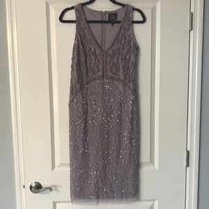 Purple sequin and pearls cocktail dress